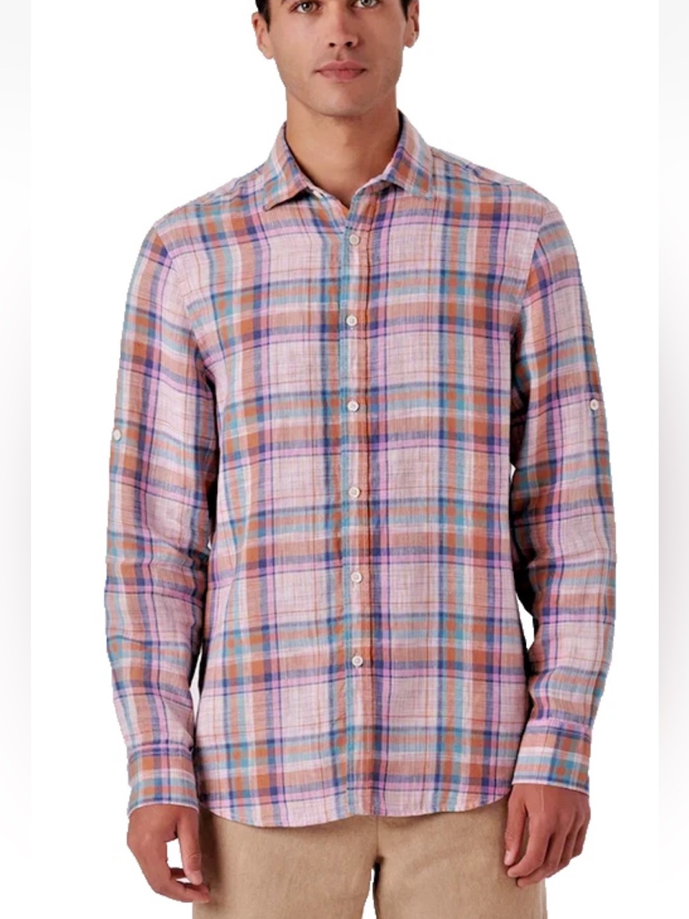 Bugatchi 100% Linen Pink Blue Plaid Long Sleeve Button Down Shaped Fit Shirt L